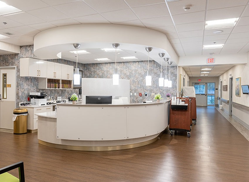 Modern healthcare reception area with light and open design.
